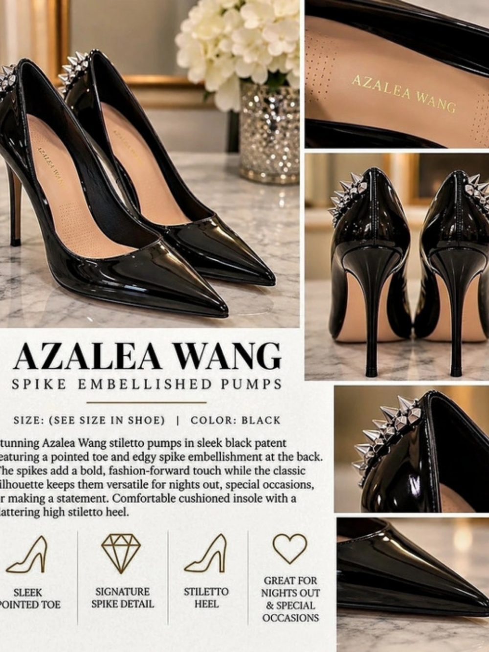Azalea Wang Spike Embellished Pointed-Toe Pumps Black